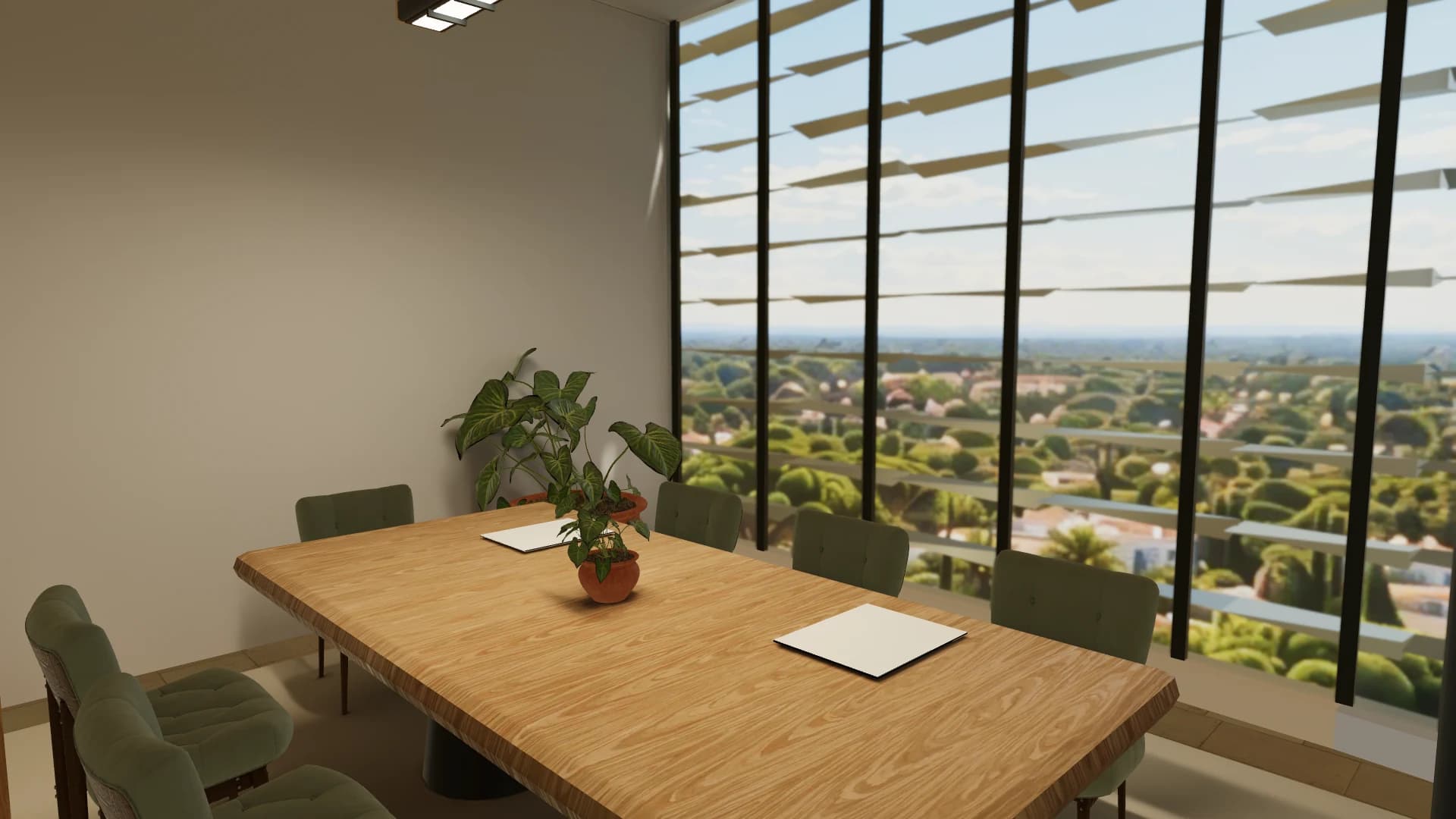 A sunlit meeting room with upholstered chairs and a timber conference table