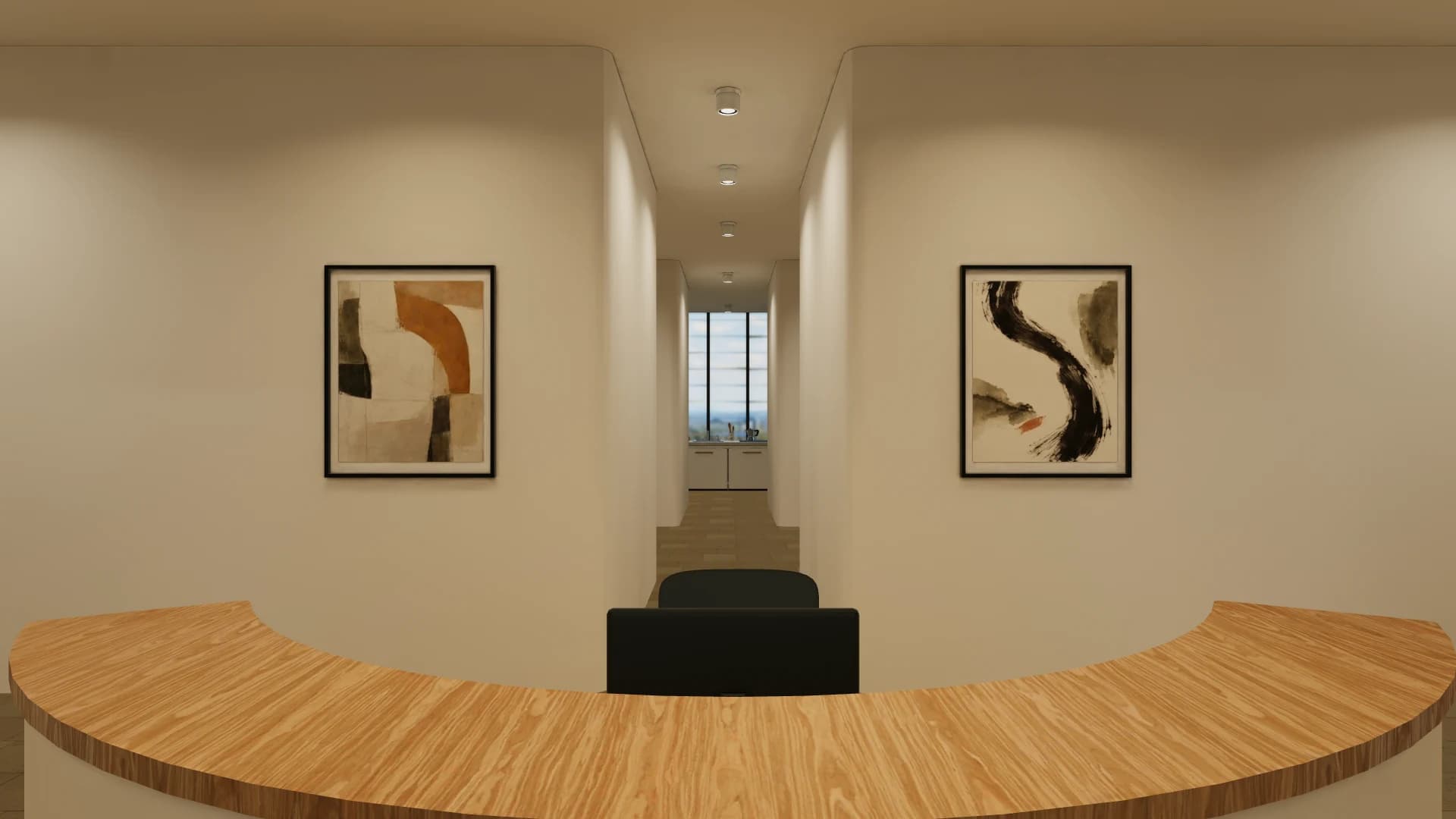 The curved timber reception desk and framed artwork inside Reiwa Center